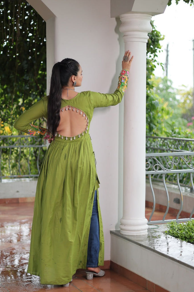 Pista Colour Navratri Special Rayon Kurti with Kutchi Gamthi Work – Adjustable Fit & Full Sleeves ClothsVilla