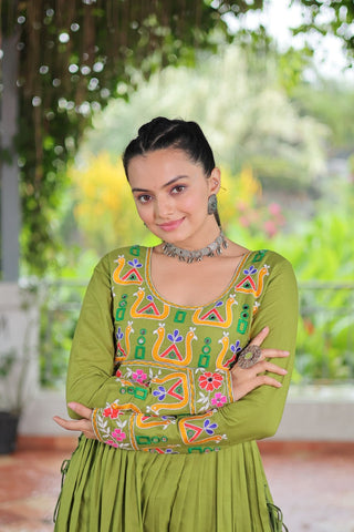 Pista Colour Navratri Special Rayon Kurti with Kutchi Gamthi Work – Adjustable Fit & Full Sleeves ClothsVilla