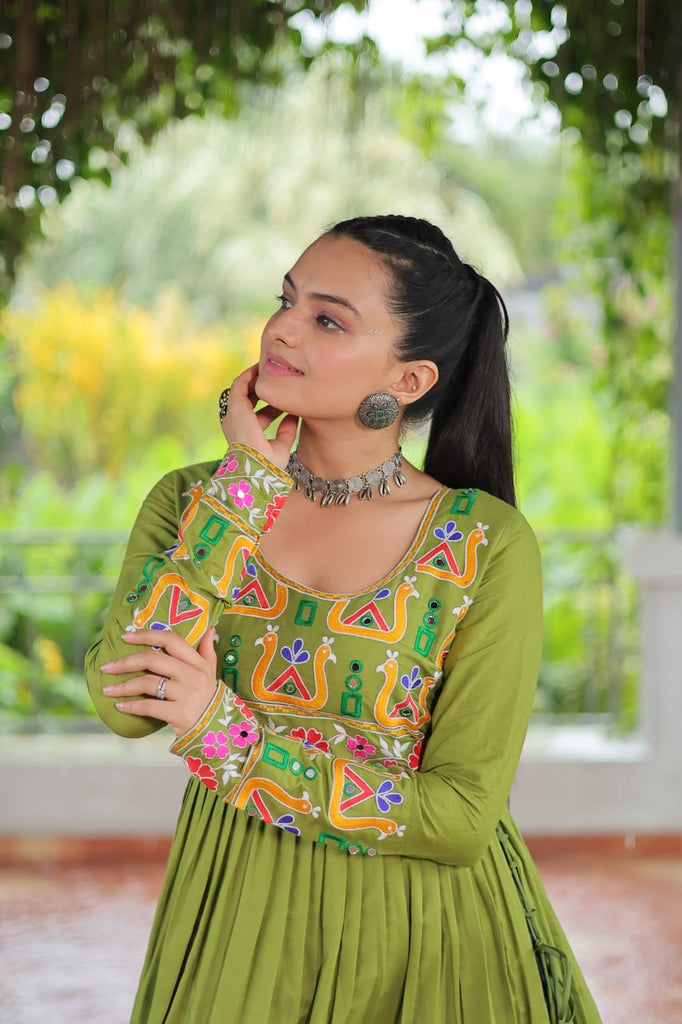 Pista Colour Navratri Special Rayon Kurti with Kutchi Gamthi Work – Adjustable Fit & Full Sleeves ClothsVilla