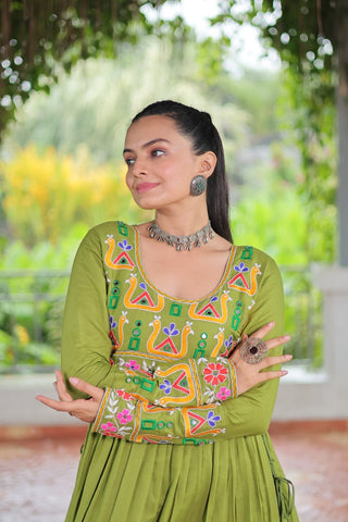 Pista Colour Navratri Special Rayon Kurti with Kutchi Gamthi Work – Adjustable Fit & Full Sleeves ClothsVilla