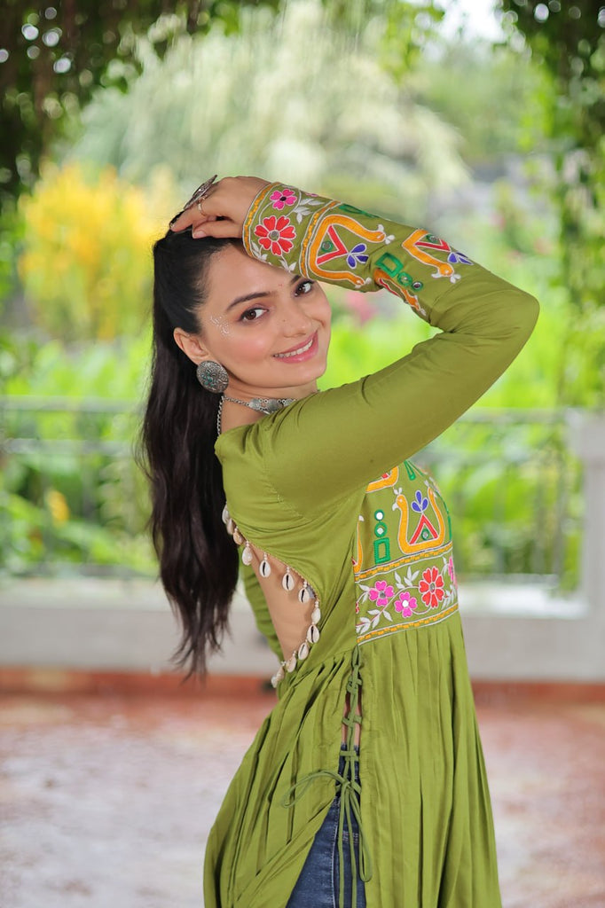 Pista Colour Navratri Special Rayon Kurti with Kutchi Gamthi Work – Adjustable Fit & Full Sleeves ClothsVilla