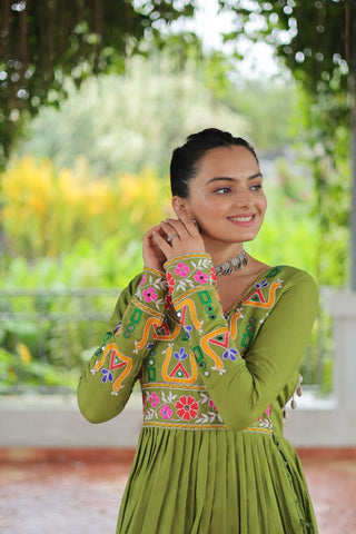Pista Colour Navratri Special Rayon Kurti with Kutchi Gamthi Work – Adjustable Fit & Full Sleeves ClothsVilla