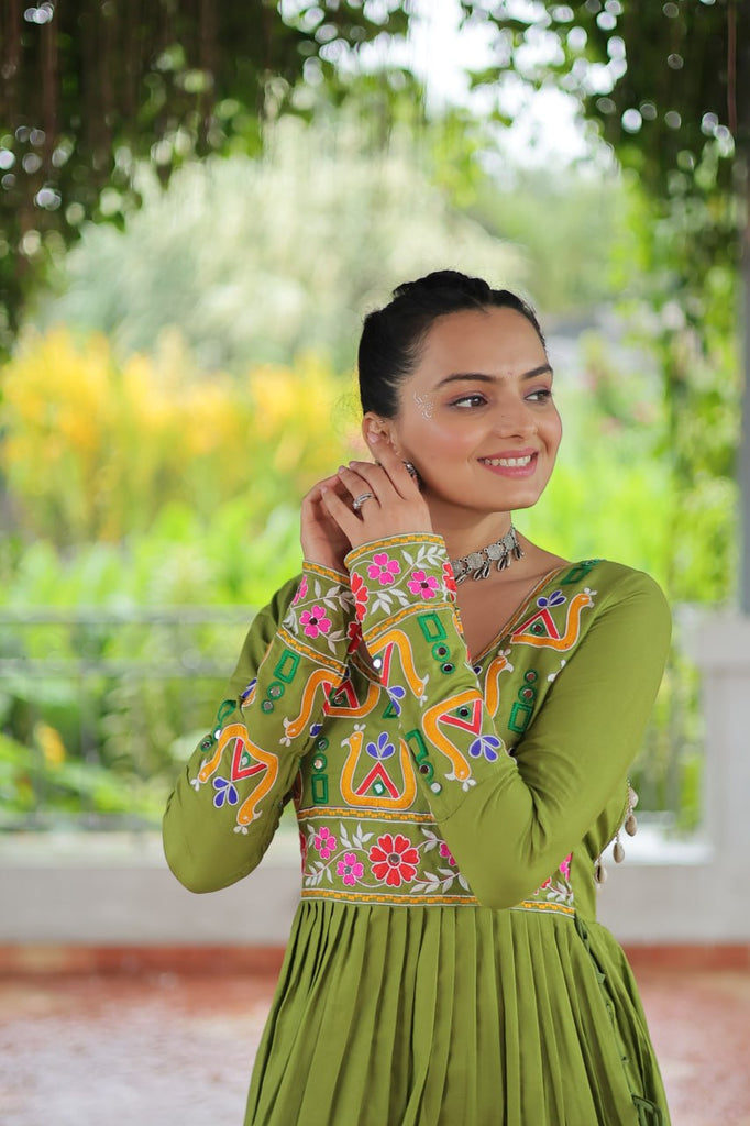 Pista Colour Navratri Special Rayon Kurti with Kutchi Gamthi Work – Adjustable Fit & Full Sleeves ClothsVilla