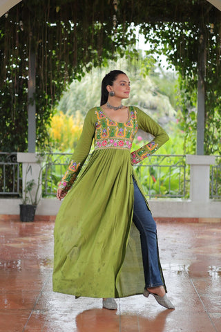 Pista Colour Navratri Special Rayon Kurti with Kutchi Gamthi Work – Adjustable Fit & Full Sleeves ClothsVilla