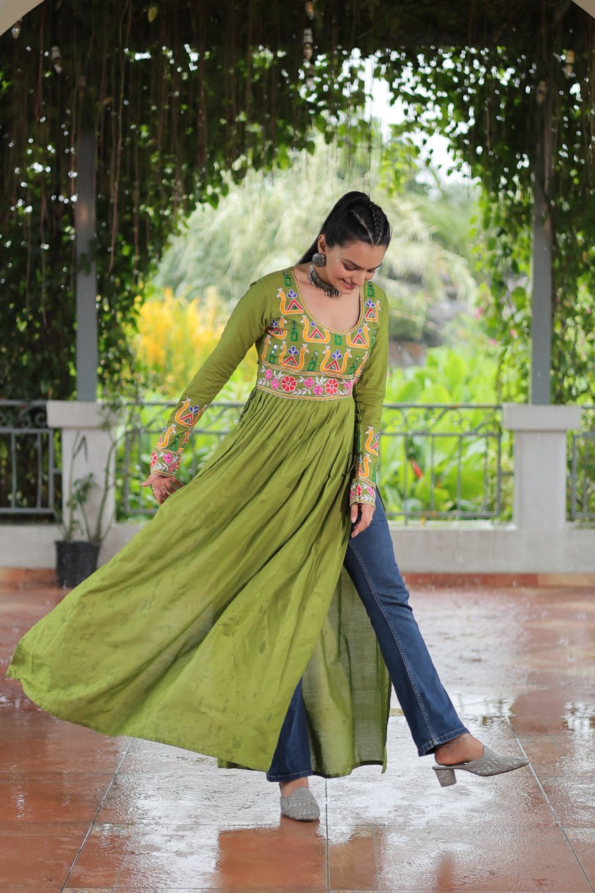 Pista Colour Navratri Special Rayon Kurti with Kutchi Gamthi Work – Adjustable Fit & Full Sleeves ClothsVilla