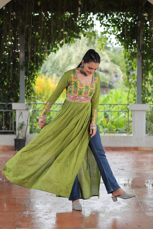 Pista Colour Navratri Special Rayon Kurti with Kutchi Gamthi Work – Adjustable Fit & Full Sleeves ClothsVilla