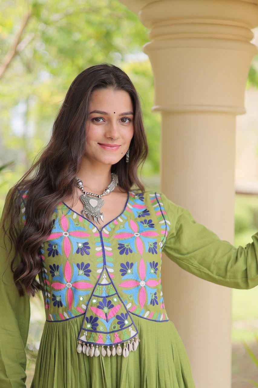 Pista Cotton Gota Patti Mirror Work Gown Clothsvilla