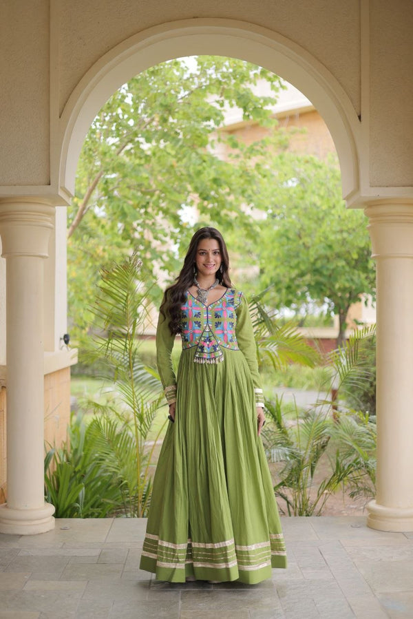 Pista Cotton Gota Patti Mirror Work Gown Clothsvilla