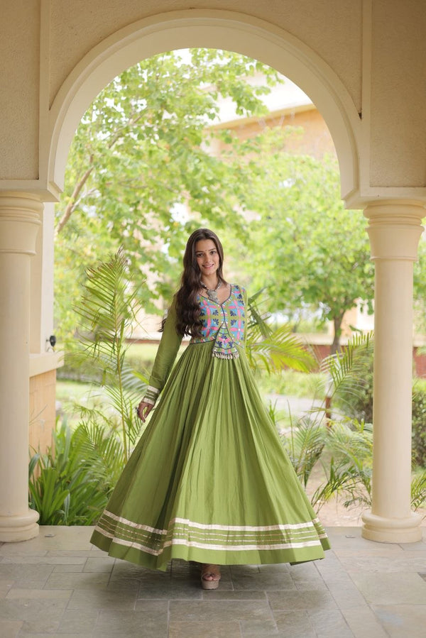 Pista Cotton Gota Patti Mirror Work Gown Clothsvilla