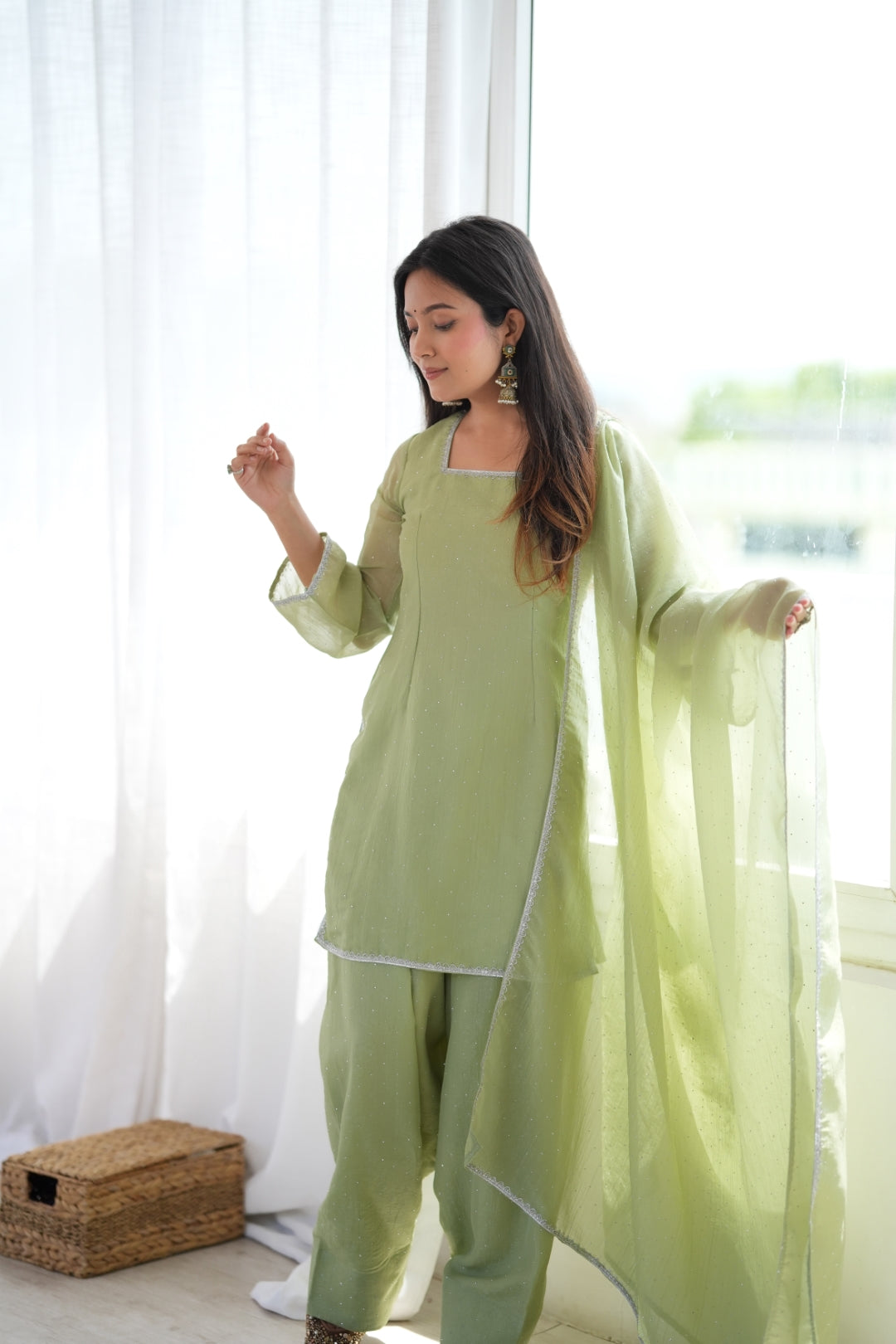 Pista Crunchy Silk Designer Kurta Set ClothsVilla