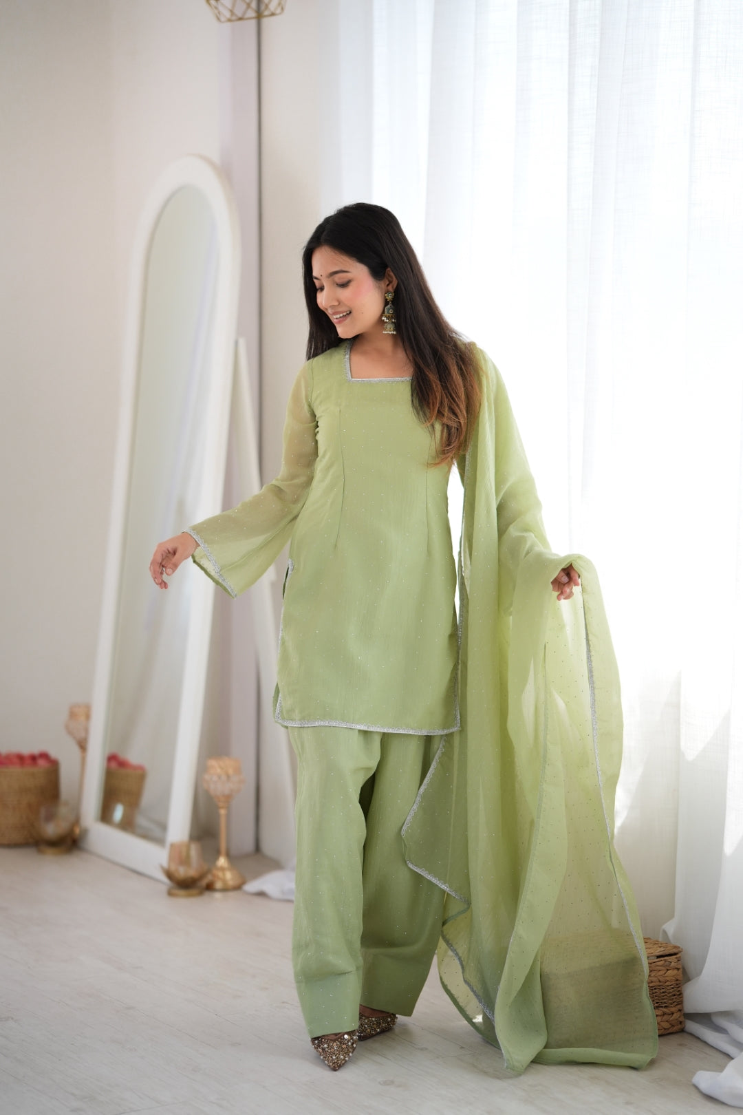 Pista Crunchy Silk Designer Kurta Set ClothsVilla
