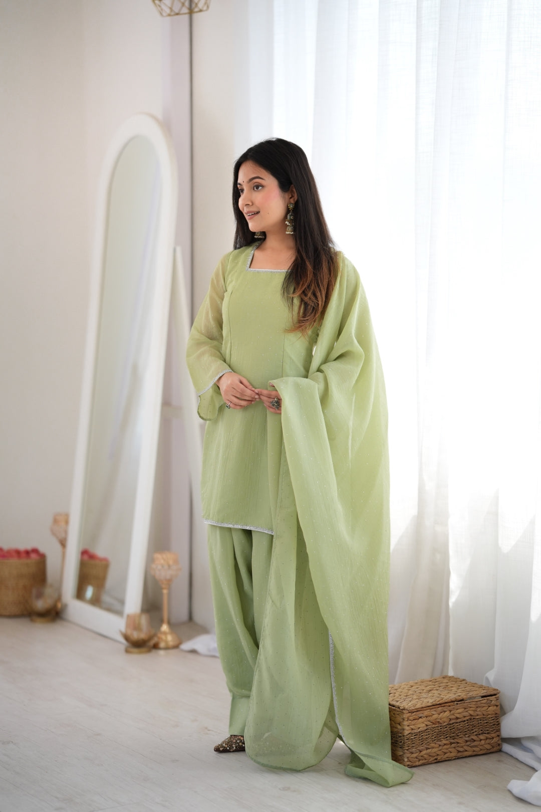 Pista Crunchy Silk Designer Kurta Set ClothsVilla