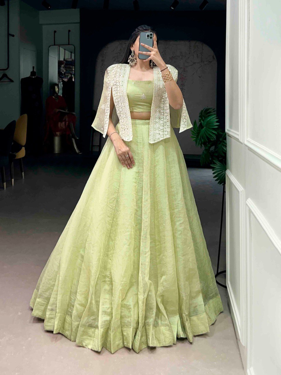 Pista Crush Lehenga Set with Designer Koti ClothsVilla