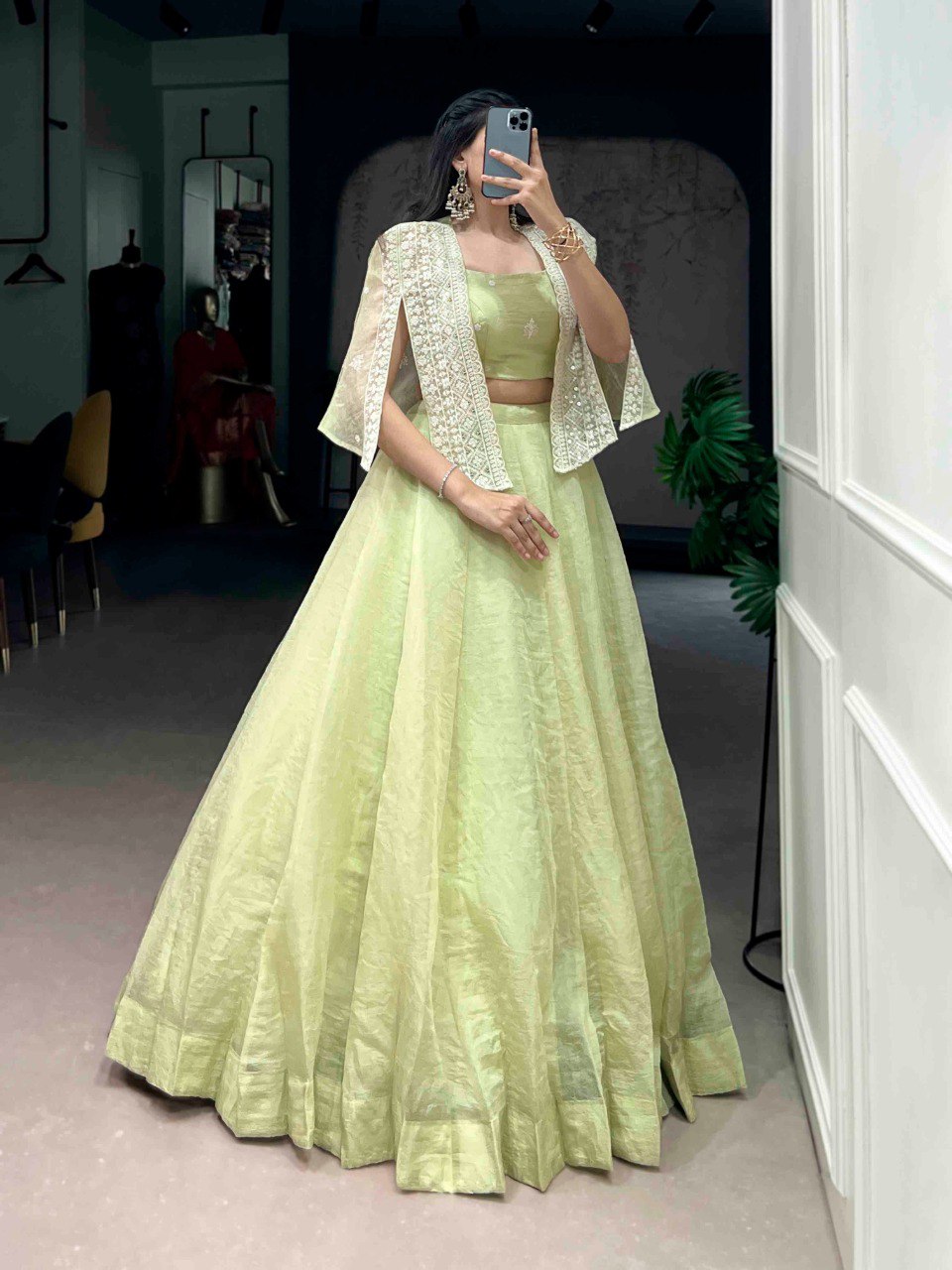 Pista Crush Lehenga Set with Designer Koti ClothsVilla