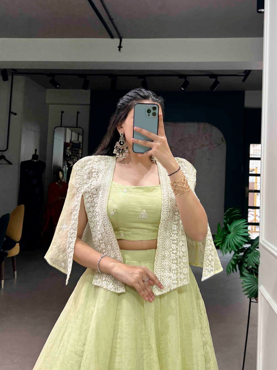 Pista Crush Lehenga Set with Designer Koti ClothsVilla