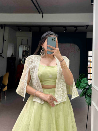 Pista Crush Lehenga Set with Designer Koti ClothsVilla
