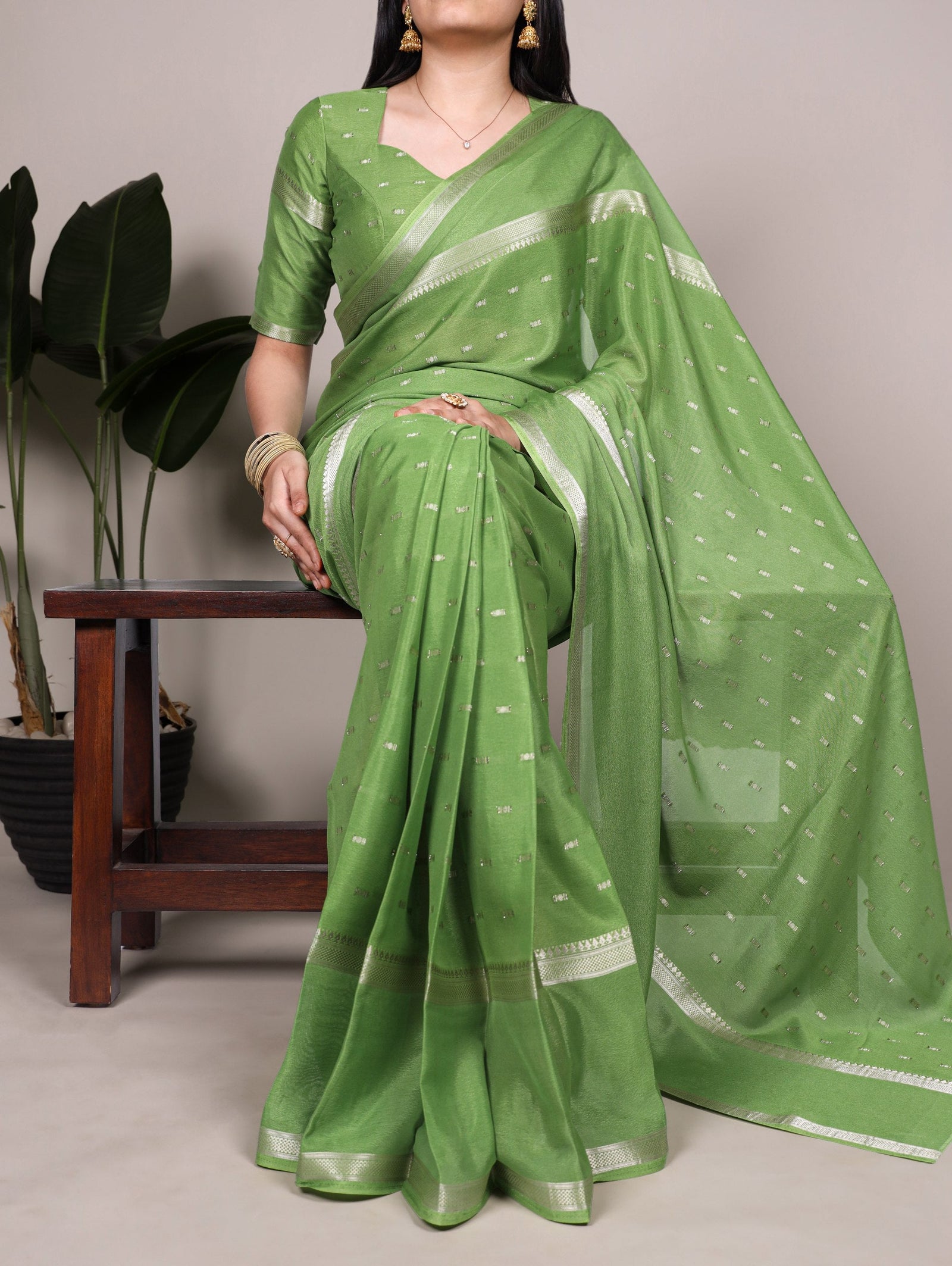 Pista Designer Crepe Weaving Saree with Matching Unstitched Crepe Blouse – Elegant Traditional Wear ClothsVilla