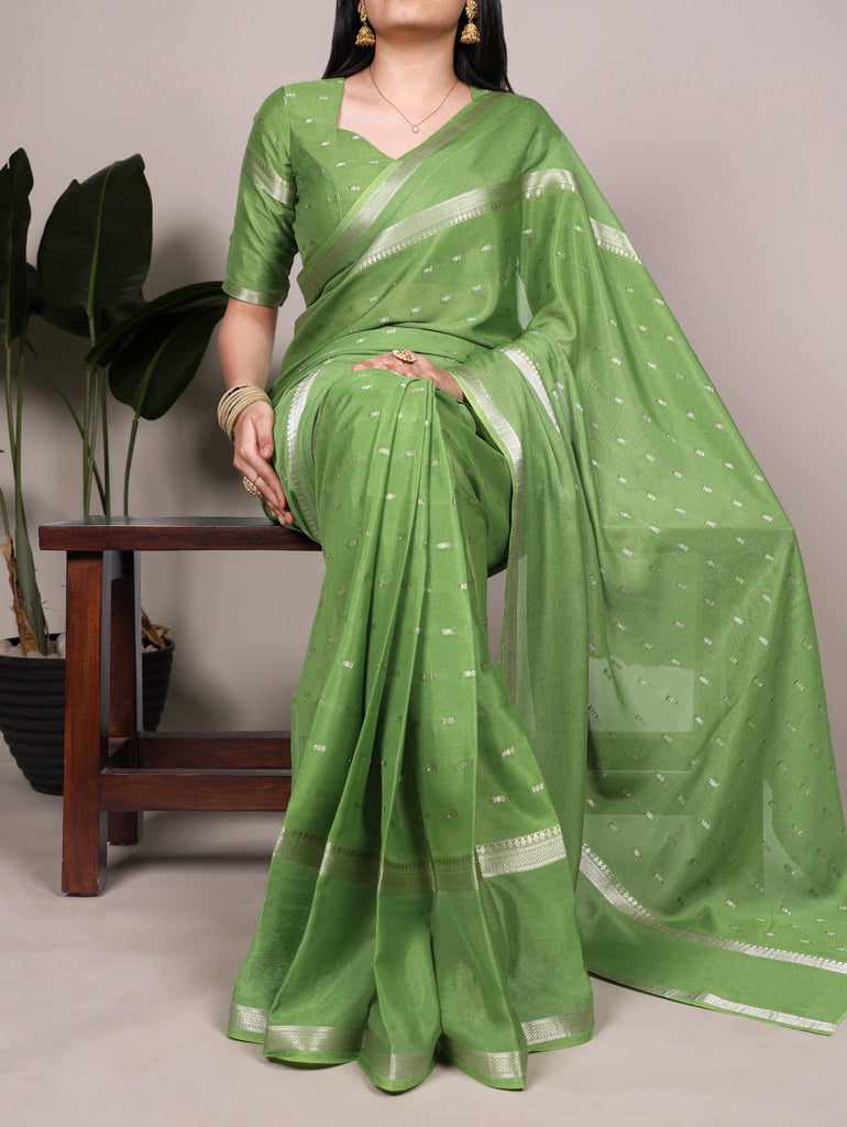 Pista Designer Crepe Weaving Saree with Matching Unstitched Crepe Blouse – Elegant Traditional Wear ClothsVilla