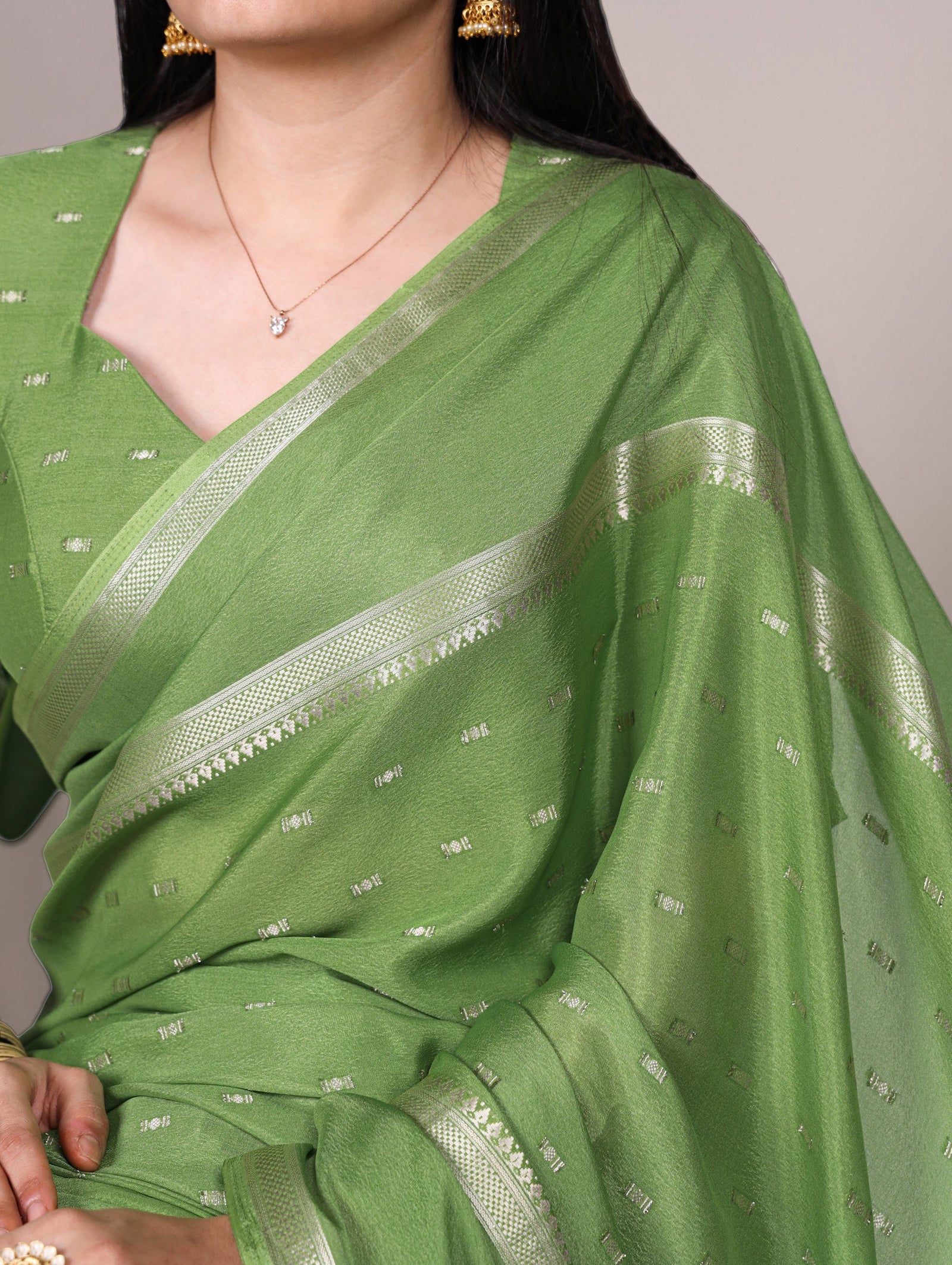 Pista Designer Crepe Weaving Saree with Matching Unstitched Crepe Blouse – Elegant Traditional Wear ClothsVilla