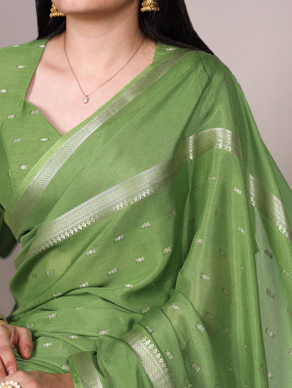 Pista Designer Crepe Weaving Saree with Matching Unstitched Crepe Blouse – Elegant Traditional Wear ClothsVilla