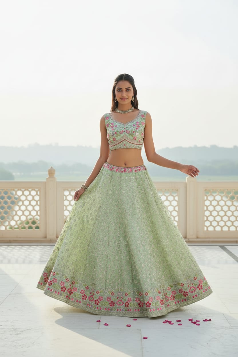Pista Designer Embroidered Lehenga Choli Set
