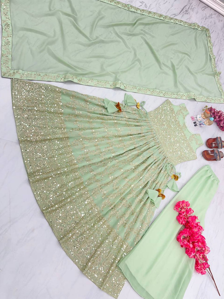 Pista Designer Nayra Cut Party Wear Long Top, Dupatta & Palazzo Set – Elegance Redefined Clothsvilla