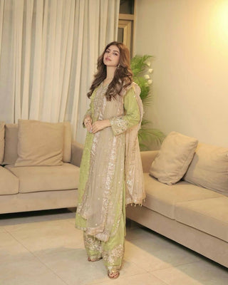 Pista Designer Party Wear Chinon Silk Plazzo Set – Exquisite Embroidery & Handwork ClothsVilla