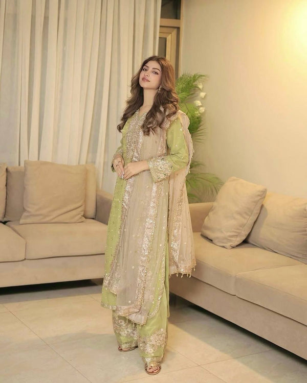 Pista Designer Party Wear Chinon Silk Plazzo Set – Exquisite Embroidery & Handwork ClothsVilla