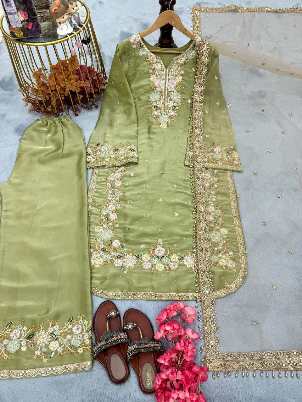 Pista Designer Party Wear Chinon Silk Plazzo Set – Exquisite Embroidery & Handwork ClothsVilla