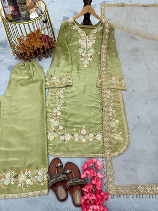 Pista Designer Party Wear Chinon Silk Plazzo Set – Exquisite Embroidery & Handwork ClothsVilla