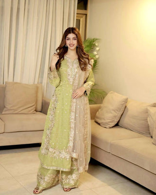 Pista Designer Party Wear Chinon Silk Plazzo Set – Exquisite Embroidery & Handwork ClothsVilla