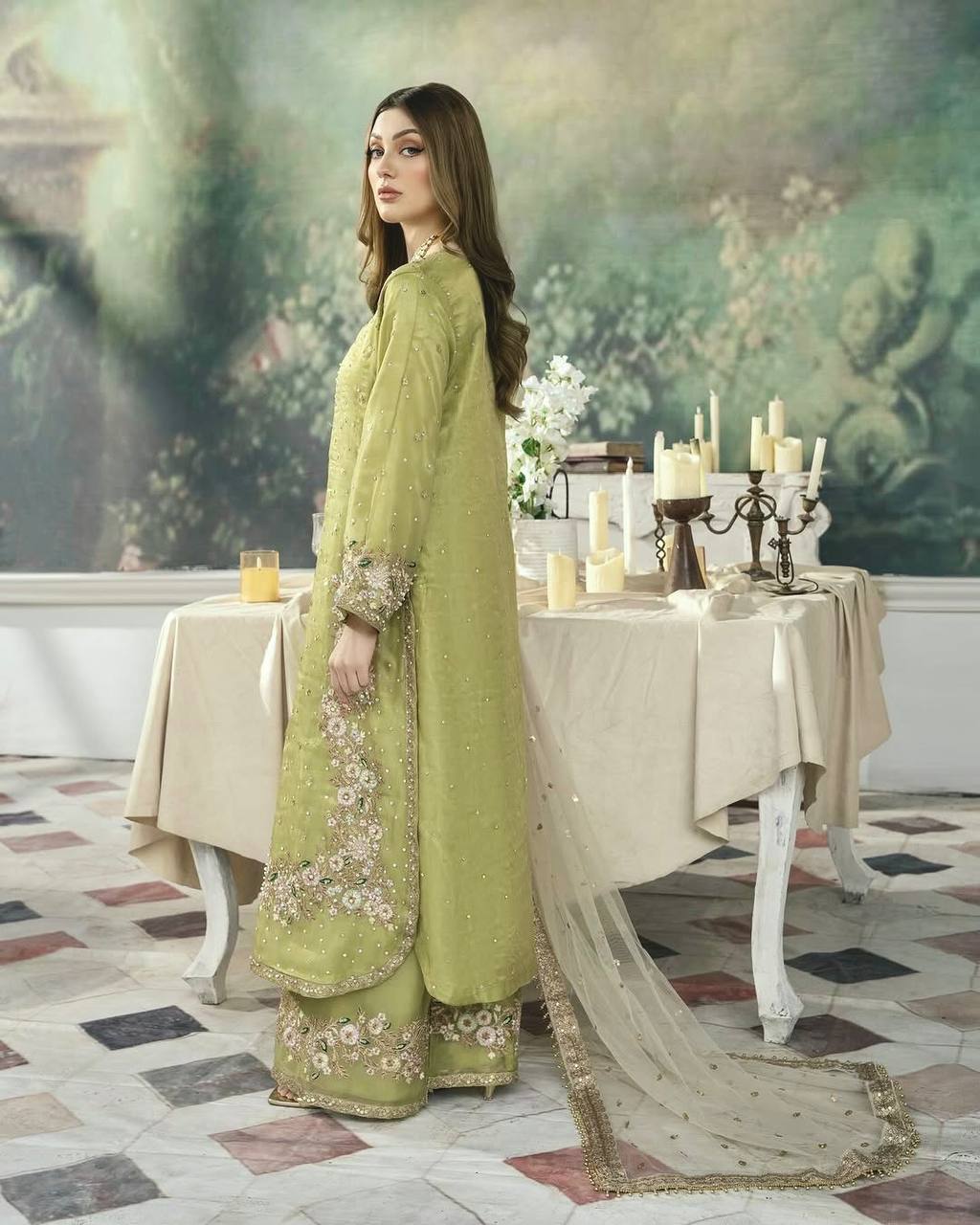 Pista Designer Party Wear Chinon Silk Plazzo Set – Exquisite Embroidery & Handwork ClothsVilla