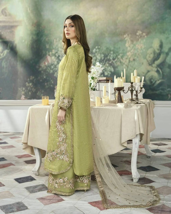 Pista Designer Party Wear Chinon Silk Plazzo Set – Exquisite Embroidery & Handwork ClothsVilla