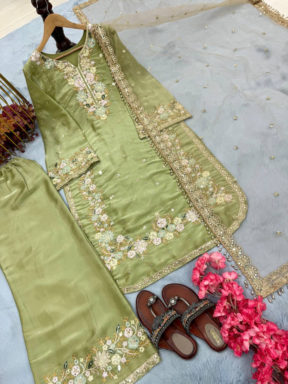 Pista Designer Party Wear Chinon Silk Plazzo Set – Exquisite Embroidery & Handwork ClothsVilla