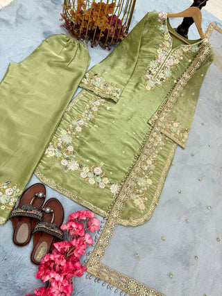 Pista Designer Party Wear Chinon Silk Plazzo Set – Exquisite Embroidery & Handwork ClothsVilla