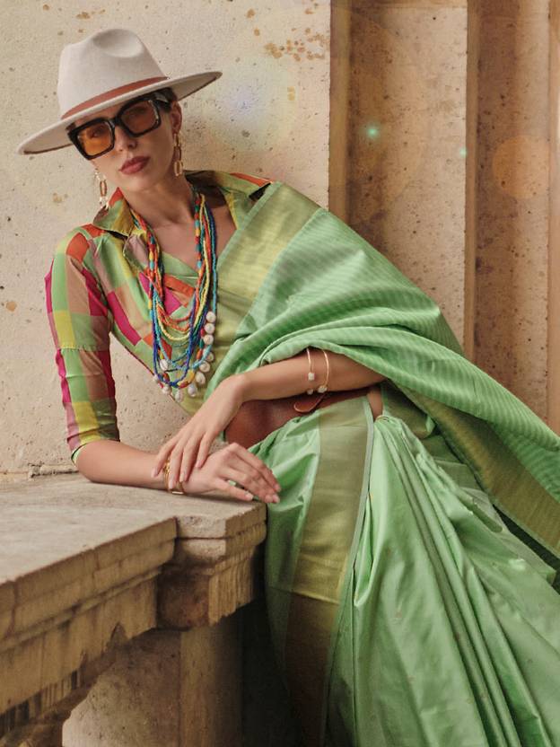 Pista Elegant Banarasi Silk Blend Saree with Tassel Detailing – Unstitched Blouse Piece ClothsVilla