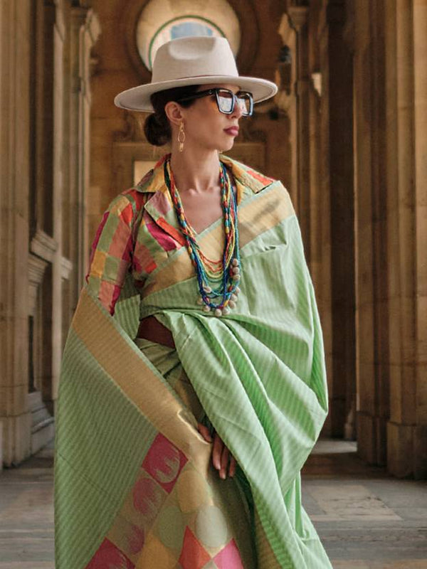 Pista Elegant Banarasi Silk Blend Saree with Tassel Detailing – Unstitched Blouse Piece ClothsVilla