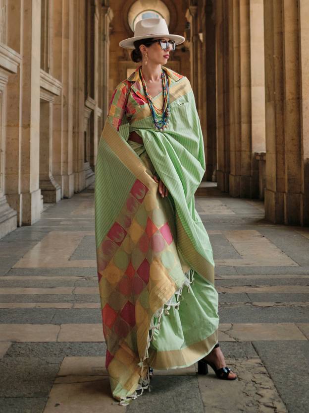 Pista Elegant Banarasi Silk Blend Saree with Tassel Detailing – Unstitched Blouse Piece ClothsVilla