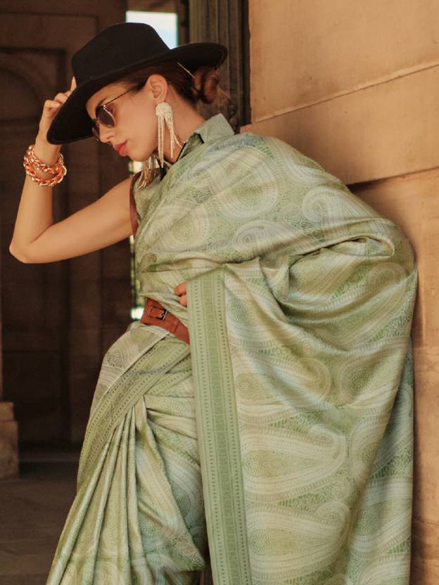 Pista Elegant Banarasi Silk Blend Woven Saree with Tassel Detailing ClothsVilla