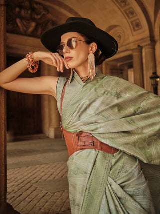 Pista Elegant Banarasi Silk Blend Woven Saree with Tassel Detailing ClothsVilla