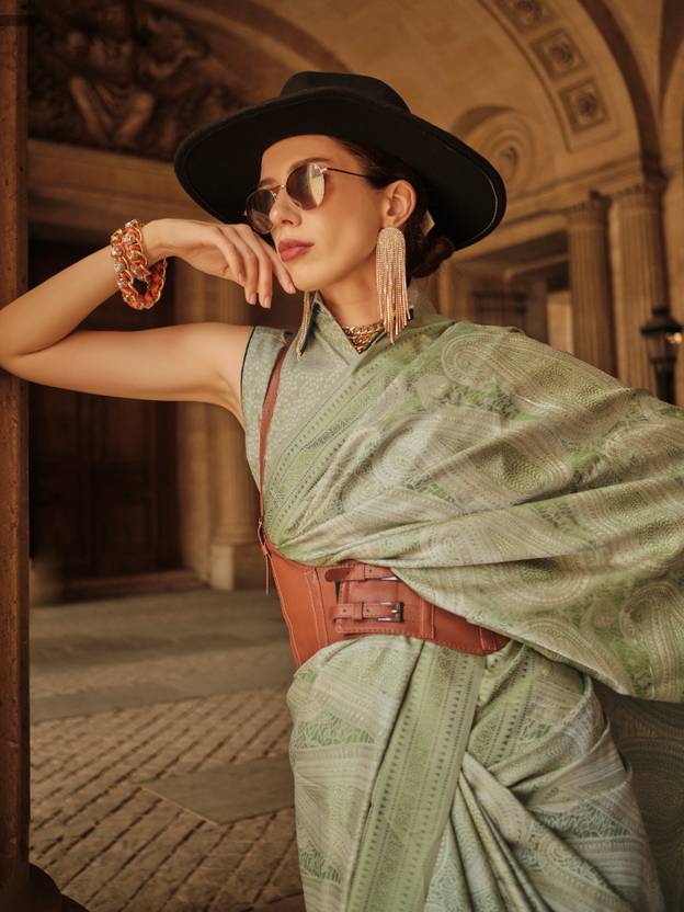 Pista Elegant Banarasi Silk Blend Woven Saree with Tassel Detailing ClothsVilla