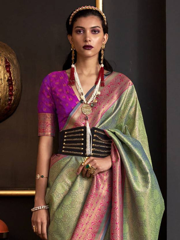 Pista Elegant Banarasi Silk Blend Woven Saree with Tassel Detailing ClothsVilla