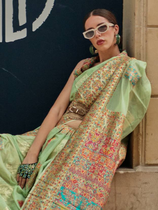 Pista Elegant Banarasi Silk Blend Woven Saree with Unstitched Blouse Piece ClothsVilla