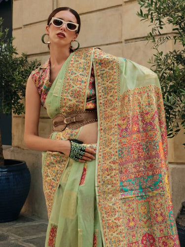 Pista Elegant Banarasi Silk Blend Woven Saree with Unstitched Blouse Piece ClothsVilla