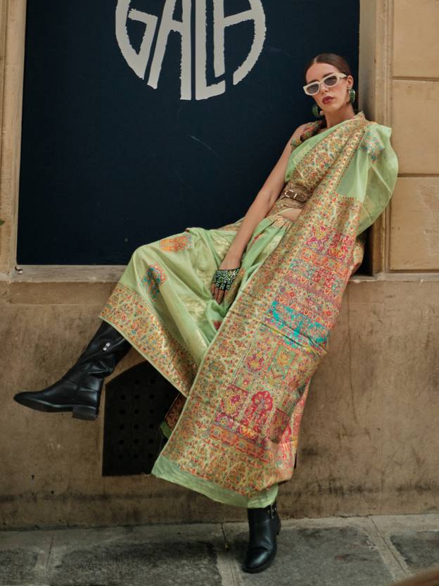 Pista Elegant Banarasi Silk Blend Woven Saree with Unstitched Blouse Piece ClothsVilla