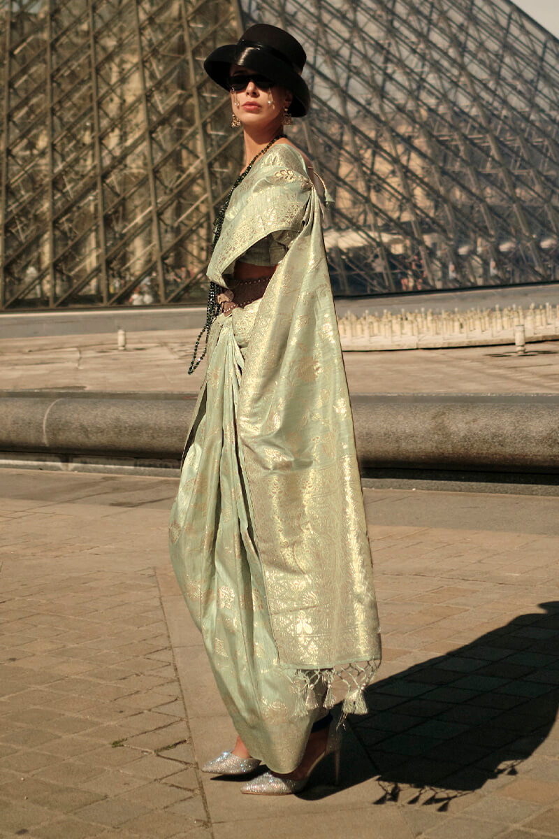 Pista Elegant Banarasi Silk Saree with Zari Weaving Blouse Pieces ClothsVilla