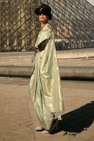 Pista Elegant Banarasi Silk Saree with Zari Weaving Blouse Pieces ClothsVilla