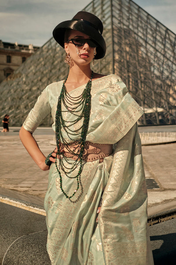 Pista Elegant Banarasi Silk Saree with Zari Weaving Blouse Pieces ClothsVilla