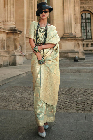 Pista Elegant Banarasi Silk Saree with Zari Weaving Blouse Pieces ClothsVilla