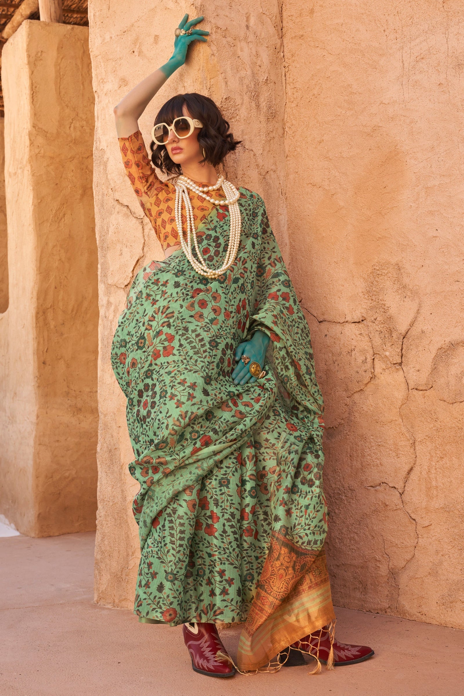Pista Elegant Banarasi Tissue Saree with Unstitched Blouse Piece ClothsVilla